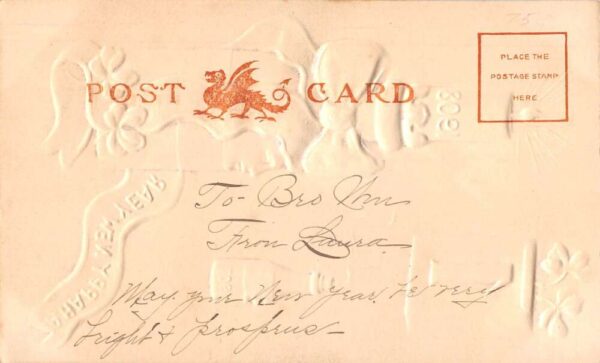 New Year Greetings 1908 Candle Face Airbrushed Embossed Postcard AA93661 - Image 2