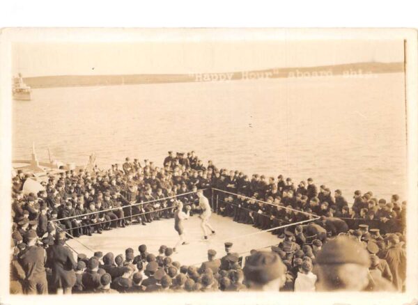 US Navy Ship Sailors Boxing on Deck "Happy Hour" Real Photo Postcard AA93663