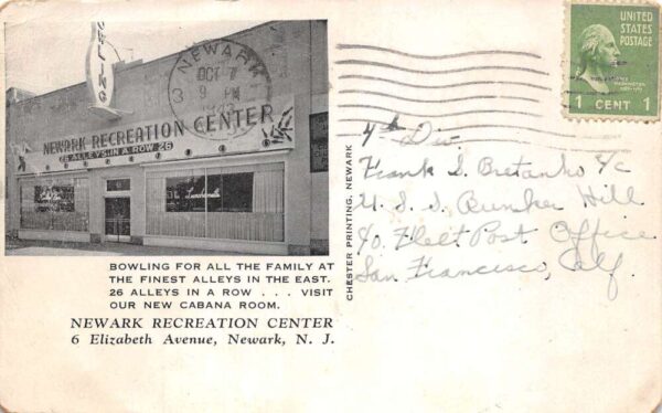 Newark New Jersey Newark Rec Center Bowling Alley Vintage Postcard AA93665 - Image 2