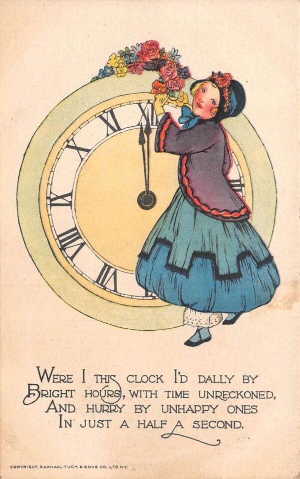 New Year Greetings Girl with Flowers by Clock Ye Olden Days Tuck PC AA93687