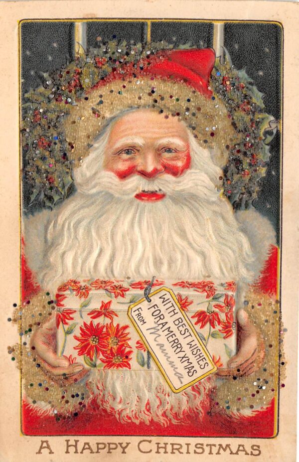 "A Happy Christmas", Santa With Present, Glitter Added, Winsch PC U22058