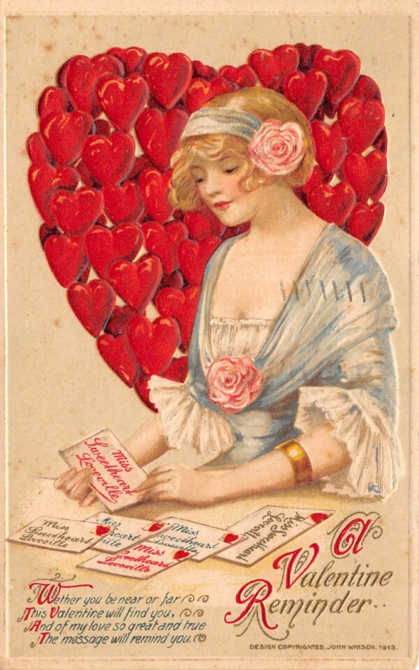 "A Valentine Reminder", Winsch Pretty Lady, Hearts & Love Letters, PC U22067