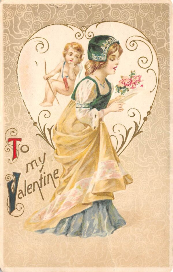 "To My Valentine", Winsch Pretty Lady W/ Flowers & Cupid, Vintage PC U22068