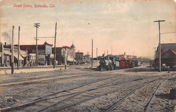 Redondo California Street Scene, Train & Tracks, Color Lithograph, PC U22070