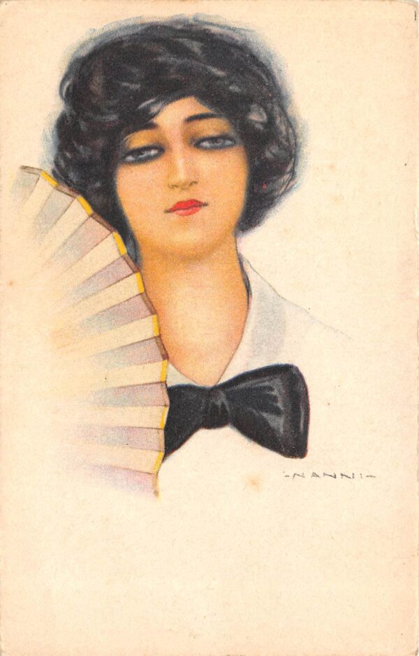 Artist Signed Nanni, Lady With Bowtie & Hand Fan, Vintage Postcard U22078