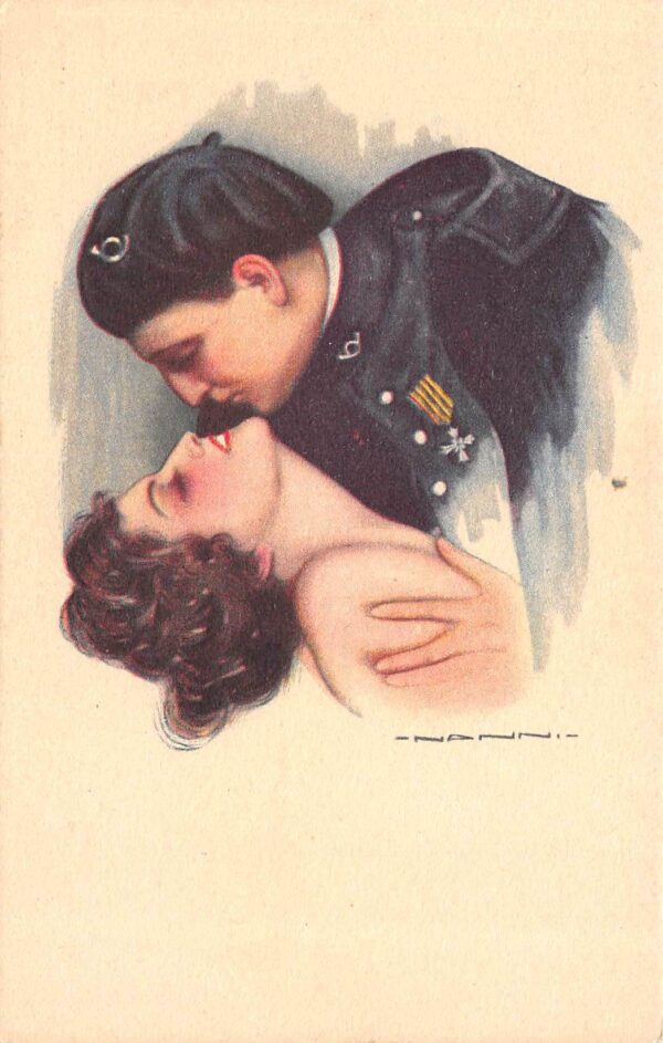 Artist Signed Nanni, Soldier Kissing Pretty Lady, Vintage Postcard U22081