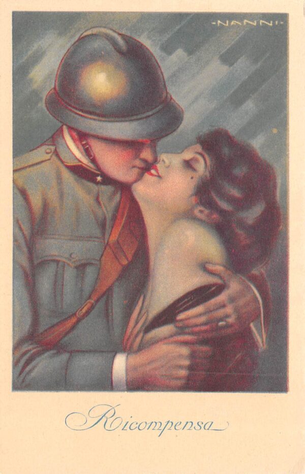 Artist Signed Nanni, Soldier Kissing Pretty Lady, Vintage Postcard U22083