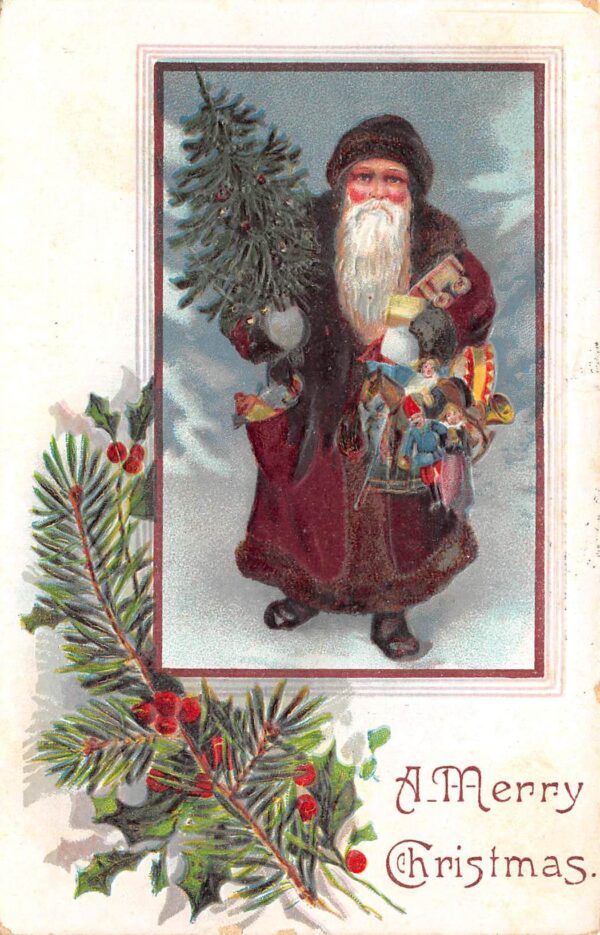 "A Merry Christmas", Burgundy Robed Santa With Toys, Vintage Postcard U22086