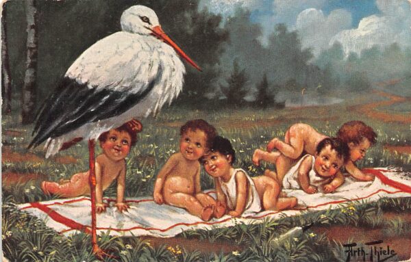 Artist Signed Arthur Thiele Babies With Stork, Vintage Postcard U22090