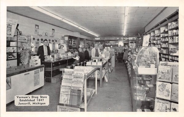 Jonesville Michigan Varnum's Drug Store, Interior, B/W Chrome, Postcard U22117