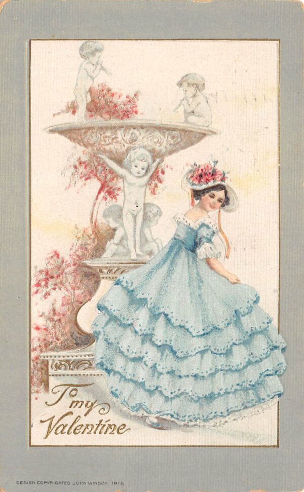 "To My Valentine", Winsch Pretty Lady At Cupid Fountain, Vintage PC U22121