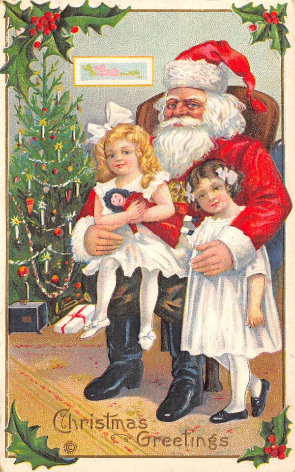 "Christmas Greetings" Red Robed Santa With Girls Seated On Lap, PC U22124