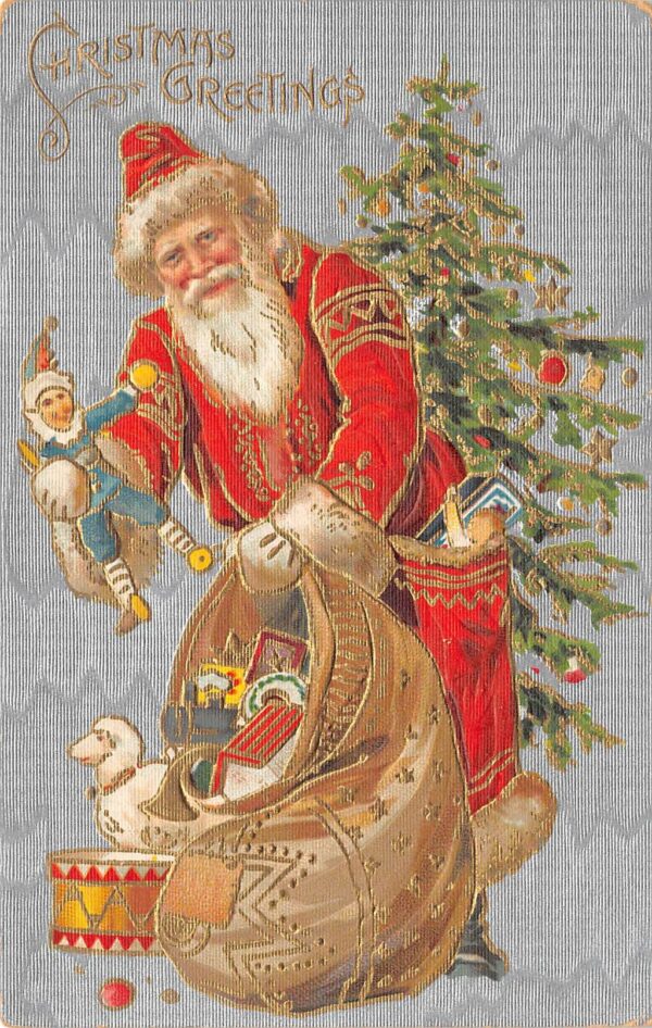 "Christmas Greetings", Red Robed Santa With Toys, Vintage Postcard U22128