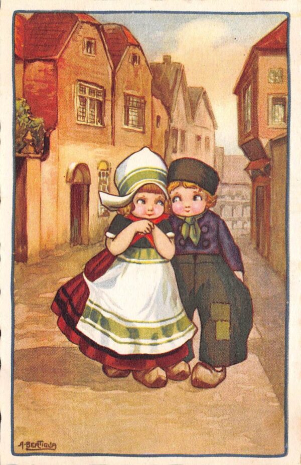 Artist Signed A. Bertiglia Dutch Boy & Girl Child, Vintage Postcard U22131