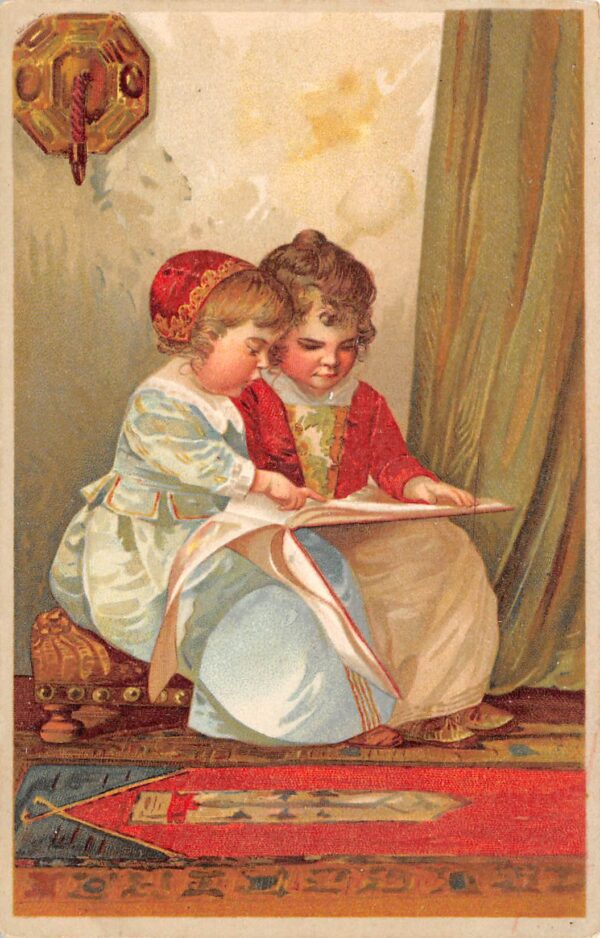 Finely Dressed Children Reading Book Together, Vintage Postcard U22136