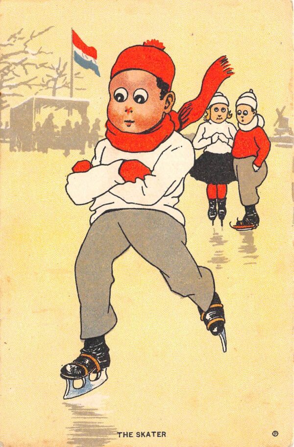 "The Skater", Children Ice Skating, Flag In Background, Postcard U22137