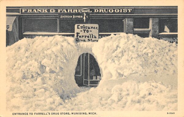 Munising Michigan Entrance To Farrell's Drug Store, Buried In Snow, PC U22139