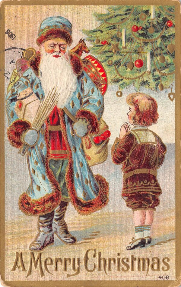 "A Merry Christmas" Blue Robed Santa With Child & Toys, Vintage PC U22147