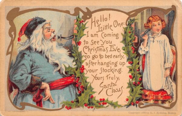 Christmas, Blue Robed Santa On Telephone With Child, Vintage Postcard U22148