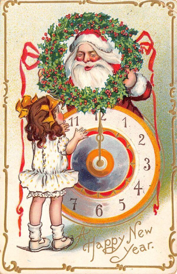 "A Happy New Year" Santa & Child With Clock, Tuck Published PC U22150