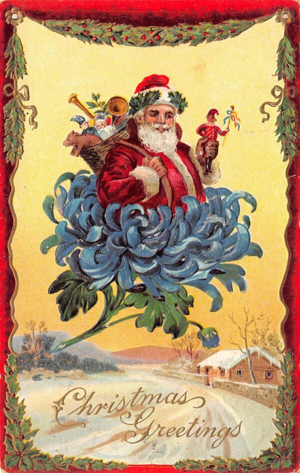 "Christmas Greetings", Santa With Toys In Blue Flower, Vintage PC U22151