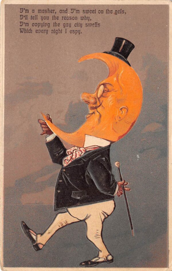 PFB, Crescent Moon Headed Man With Monocle & Top Hat, Vintage PC U22152