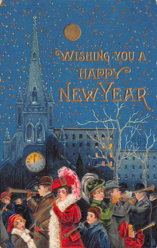 "Happy New Year", People Reveling At Clock Tower, Vintage Postcard U22167