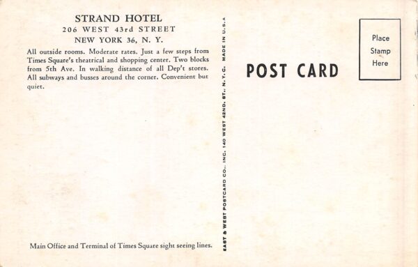 New York City New York Strand Hotel, B/W Chrome, Vintage Postcard U22188 - Image 2