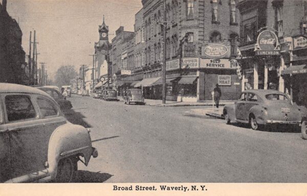 Waverly New York Broad Street, Coca Cola Sign, Vintage Postcard U22189