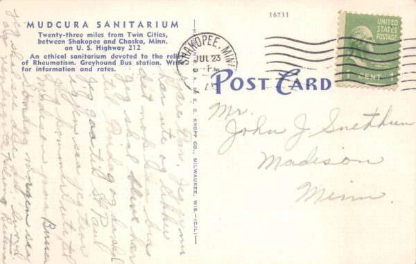 Shakopee Minnesota Mudcura Sanitarium Gates Vintage Postcard AA93979 - Image 2