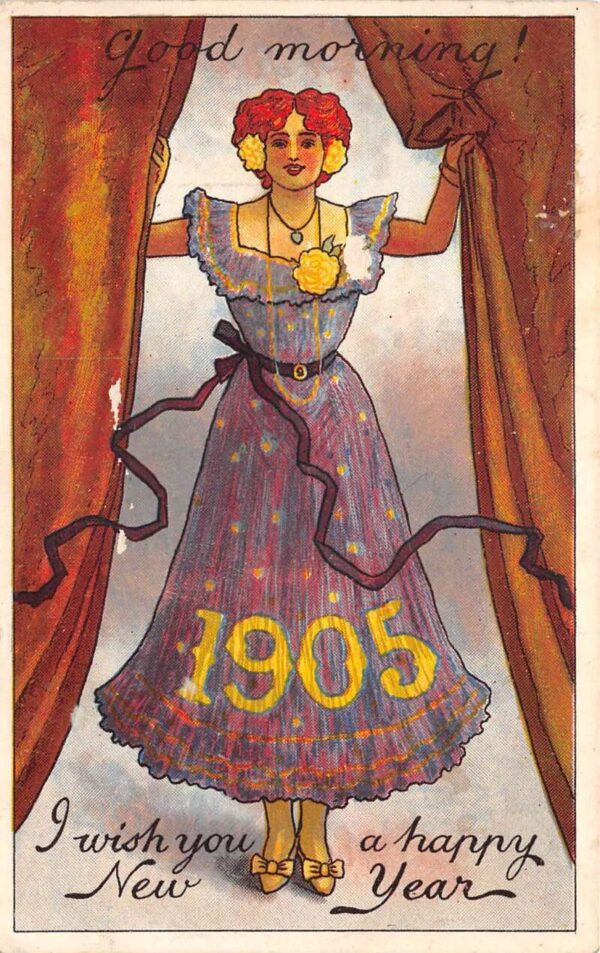 New Years Greetings 1905 Year Date Lady opening Curtains Postcard AA94495