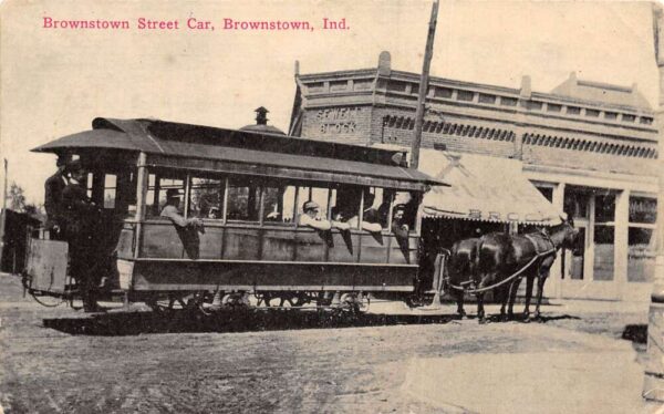 Brownstown Indiana Horse Drawn Trolley Street Car at Sewell Block PC AA94544