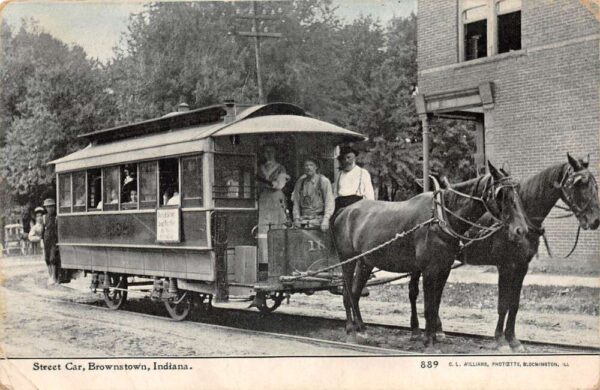 Brownstown Indiana Horse Drawn Trolley Street Car Vintage Postcard AA94545