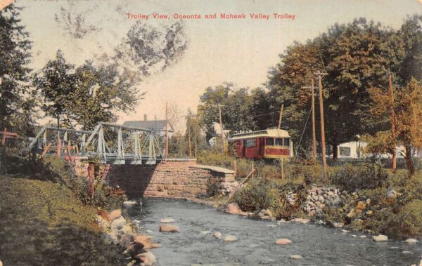 New York Oneonta Mohawk Valley Trolley Car River and Bridge Postcard AA94554