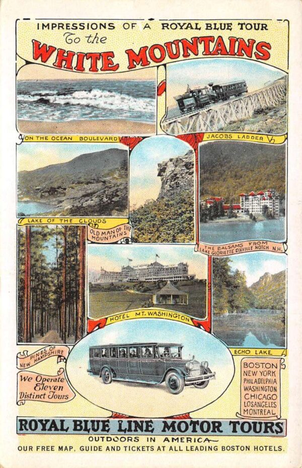 New Hampshire White Mts Royal Blue Motor Tours Ad Multiview Postcard AA94559