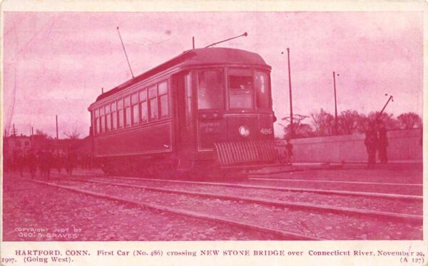 Hartford Connecticut Trolley Street Car crossing New Stone Bridge PC AA94561