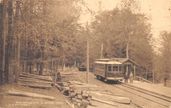 Harvey's Lake Pennsylvania Trolley Street Car Station and Logs Postcard AA94566