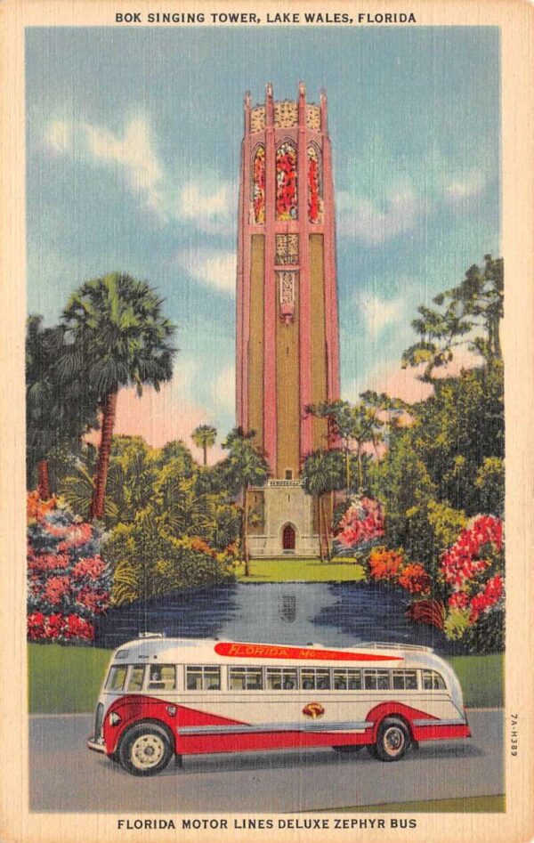 Lake Wales Florida Bok Singing Tower and Zephyr Bus Vintage Postcard AA94583