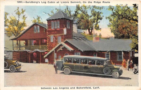 Liebre Summit California Sandberg's Log Cabin and Bus Vintage Postcard AA94584