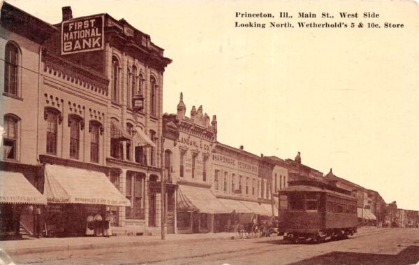 Princeton Illinois Main Street Bank and Trolley Postcard AA94638