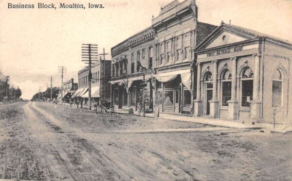 Moulton Iowa Business Street View First National Bank Vintage Postcard AA94643