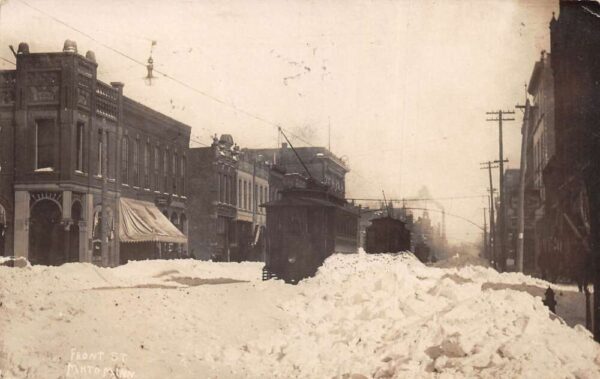 Mankado Minnesota Front St After Snow Storm Trolley Real Photo Postcard AA94862