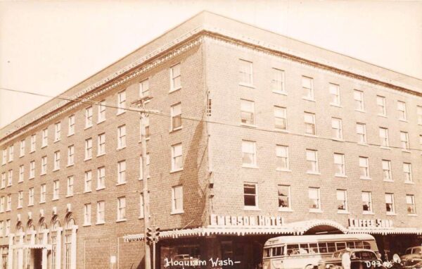 Hoquiam Washington Emerson Hotel and Tri City Transit Bus Real Photo PC AA94869