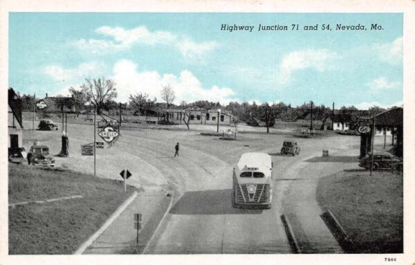 Nevada Missouri Highway Jct 71 and 54 Gas Stations Vintage Postcard AA94888