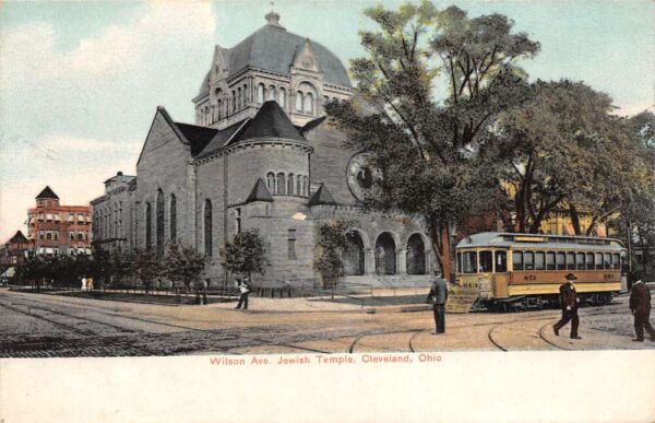 Cleveland Ohio Wilson Ave Jewish Temple and Trolley Postcard AA94890