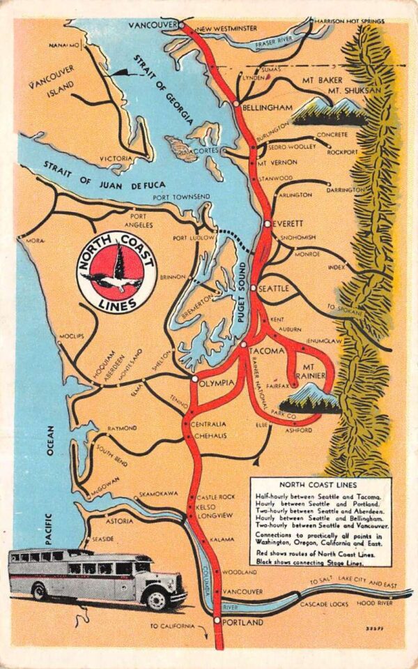 Washington North Coast Bus Lines Route Map Transportation Postcard AA94893