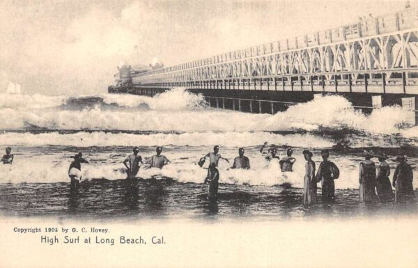 Long Beach California High Surf at Beach Pier Swimming Vintage Postcard AA94925