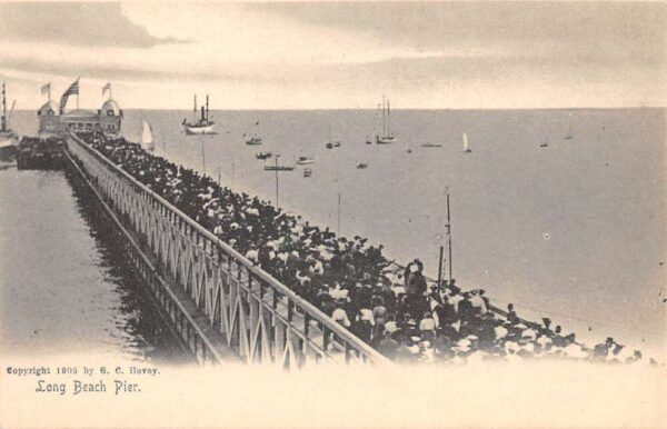 Long Beach California Crowd on Pier Birds Eye View Vintage Postcard AA94926