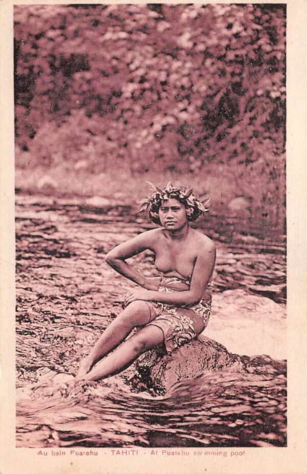 Tahiti Polynesia Native Woman in River Vintage Postcard AA94954