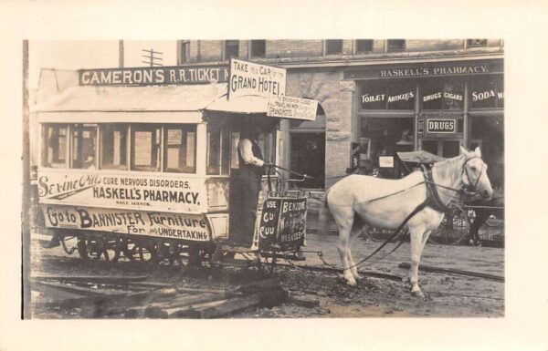 Haskell's Pharmacy Horse Trolley Undertaking Ad Real Photo Postcard AA95436